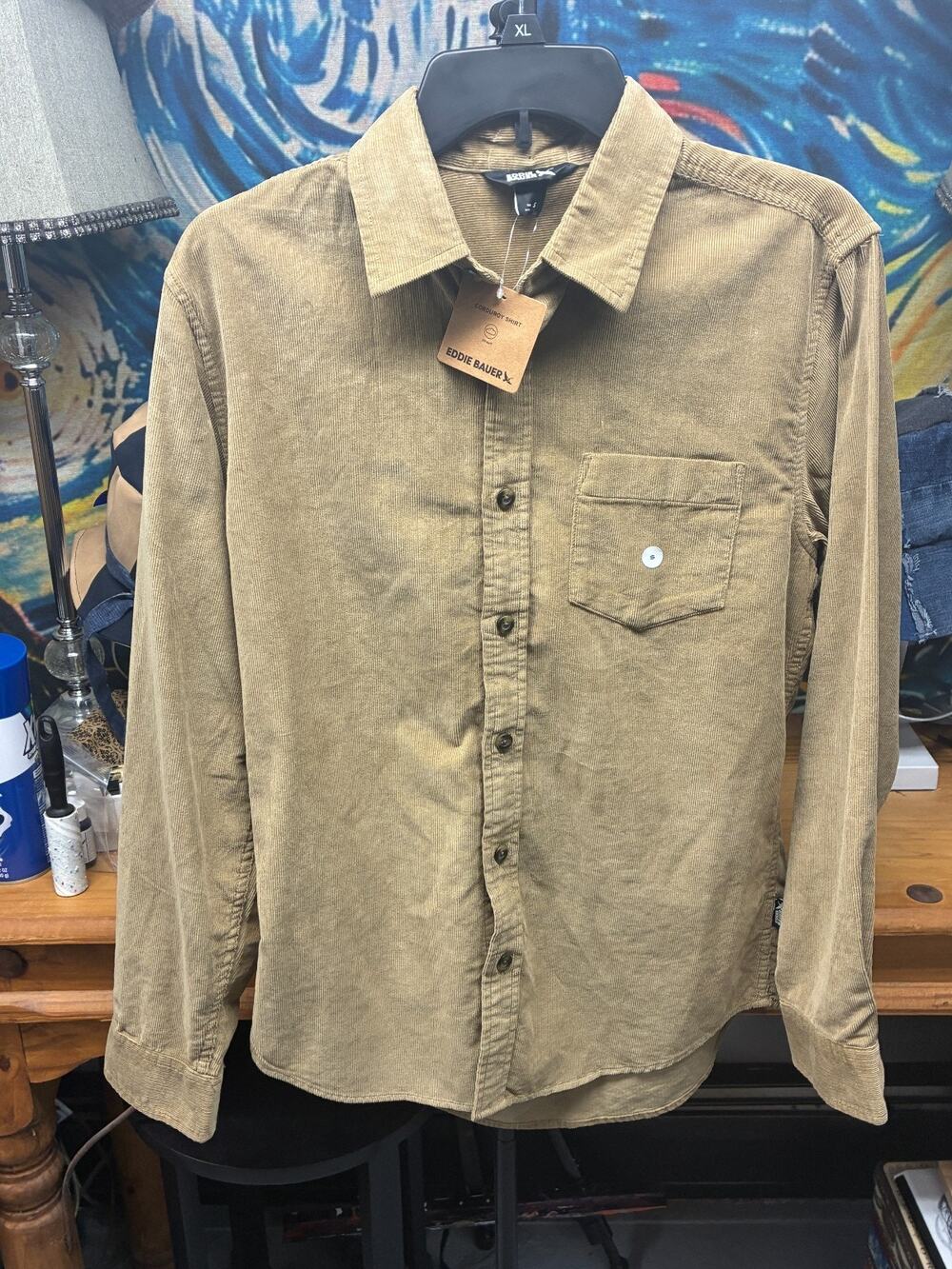 Mens Small Corduroy Shirt Tan Cotton Long Sleeve Button Front Chest Pocket